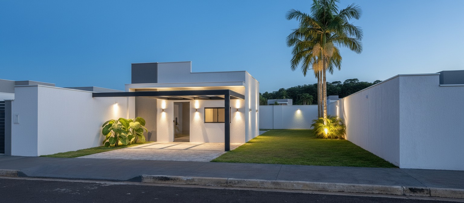 Casa iluminada ao anoitecer